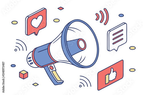 26 3D rendering, blue megaphone, speech bubbles, communication concept, vibrant colors, minimalist design, white background, cartoon style, sound waves, social media icons, marketing illustration, vec