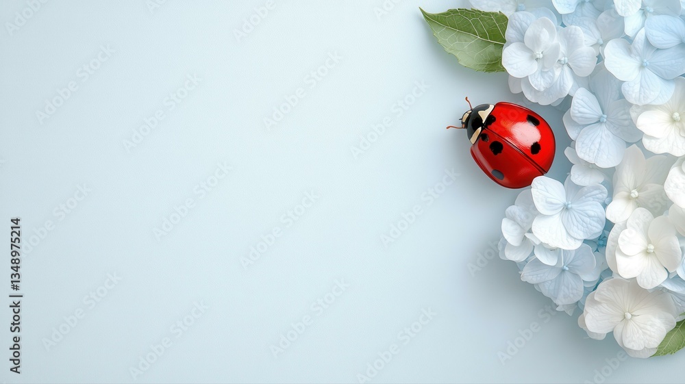 Fototapeta premium Vibrant ladybug on soft blue hydrangea petals creating a serene natural setting with subtle contrast.