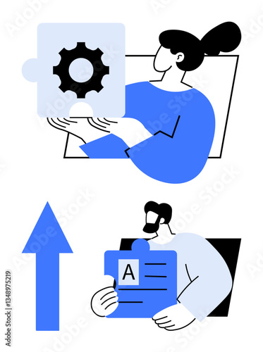Characters holding gear and document puzzle pieces representing teamwork, solutions, and growth. Ideal for innovation, communication, strategy, development, creativity planning progression. Flat