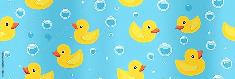 Obraz premium Yellow Rubber Ducks Pattern with Bubbles on Light Blue Background