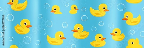 Yellow Rubber Ducks with Bubbles on Blue Background Seamless Pattern