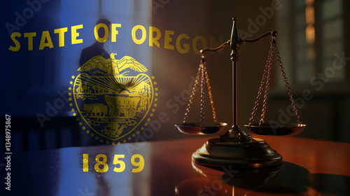 The scales of justice stand in front of the Oregon flag, symbolizing law, fairness, and the legal system. A concept of democracy and equality.