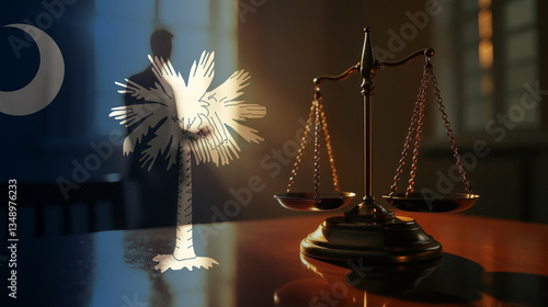 The scales of justice stand in front of the South Carolina flag, symbolizing law, fairness, and the legal system. A concept of democracy and equality.