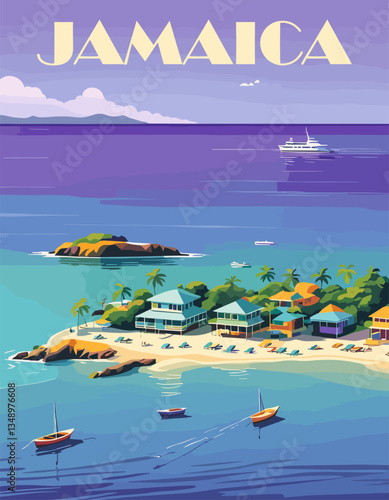 Jamaica travel poster in retro style with beautiful seascape on the background. Colorful vector illustration