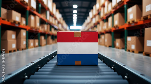 A package wrapped in the Netherlands flag moves on a conveyor belt inside a warehouse. Symbolizing logistics, global trade, and the efficiency of supply chains.