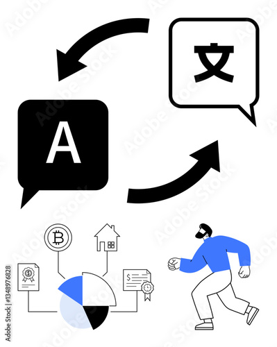 Speech bubbles with multilingual text, arrows, financial charts, and a man walking. Ideal for translation, finance, teamwork, workflow, global outreach dynamic activity flat simple metaphor