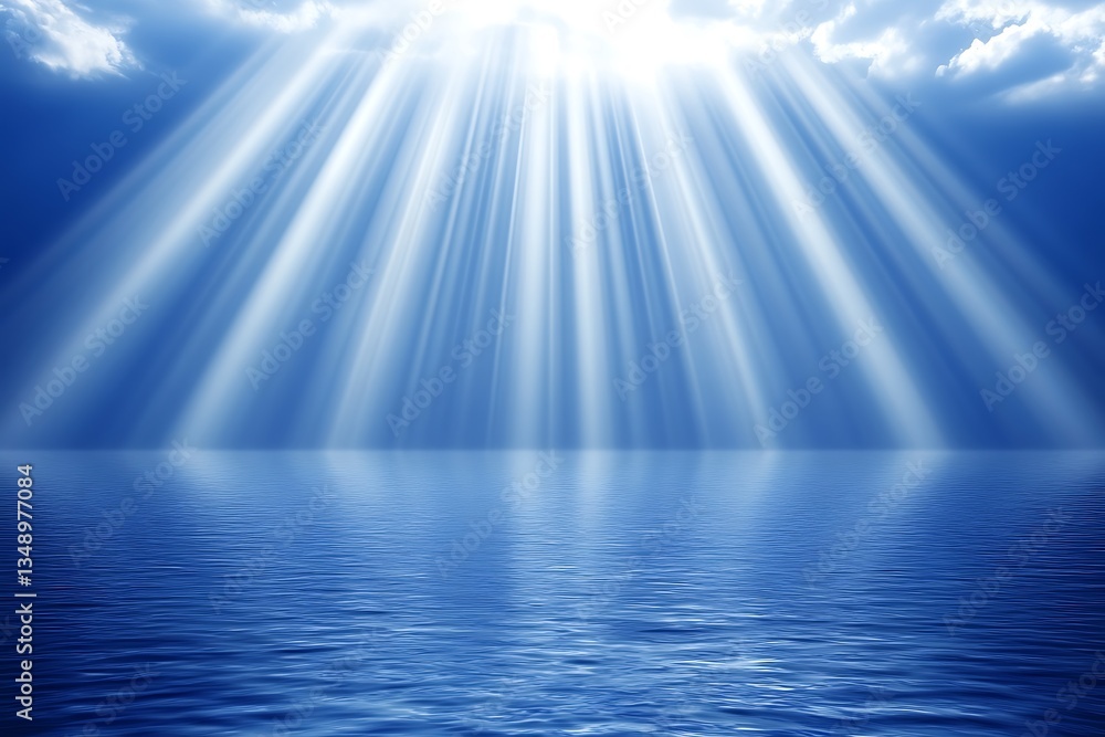 Bright sunlight rays shining down over a tranquil water surface Bright sunlight rays shining down over a tranquil water surface