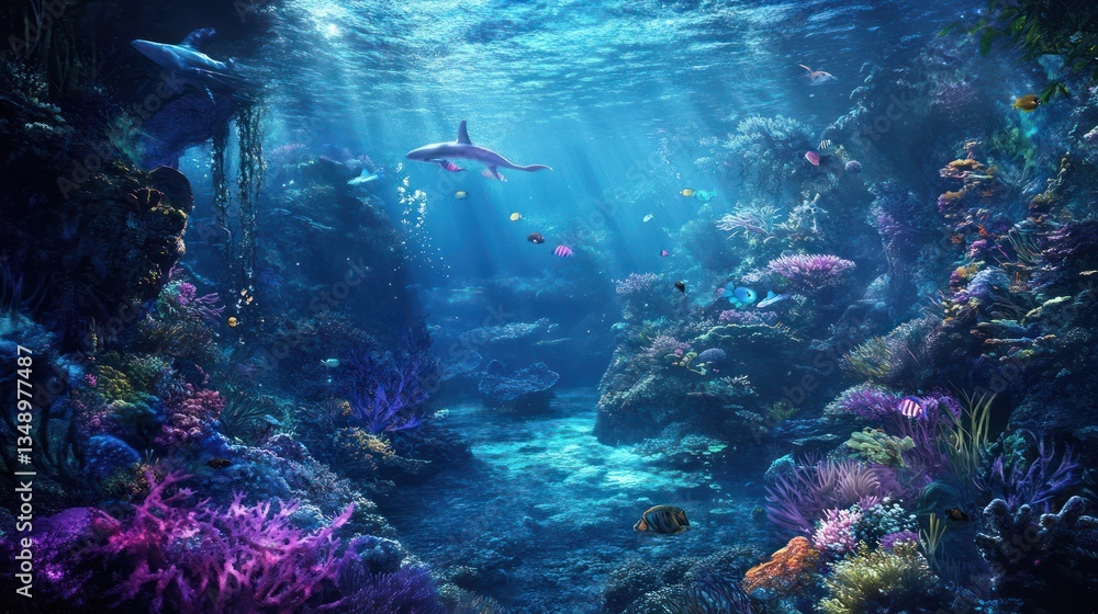 Naklejka premium Sharks swimming coral reef ocean sunlight underwater scene