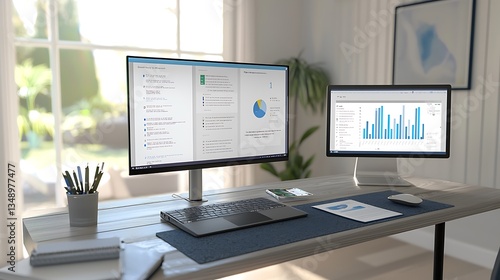 A computer desk with two monitors and a keyboard