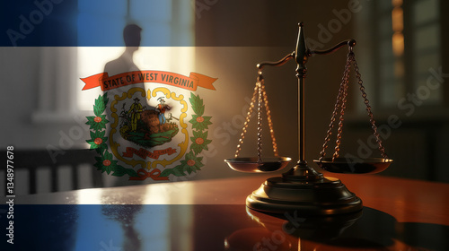 The scales of justice stand in front of the West Virginia flag, symbolizing law, fairness, and the legal system. A concept of democracy and equality.
