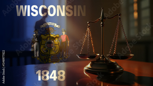 The scales of justice stand in front of the Wisconsin flag, symbolizing law, fairness, and the legal system. A concept of democracy and equality.