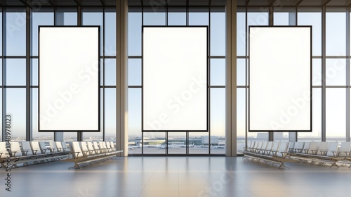 A modern airport terminal interior, featuring three blank vertical advertisement displays