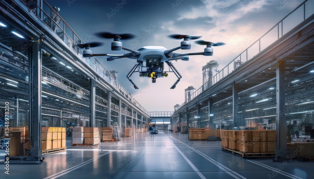 Naklejka premium Drones navigate a modern factory filled with robotic systems and dynamic machinery at twilight.