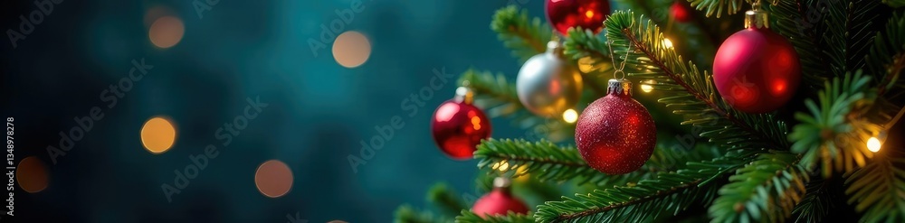 Naklejka premium Colorful ornaments and fairy lights decorate a Christmas tree, twinkling lights, glowing accents, evergreen tree