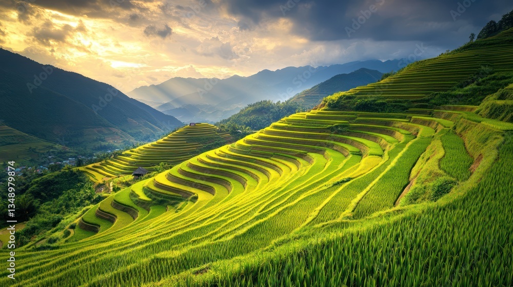 Sunset over vibrant terraced rice paddies in mountain valley Sunset over vibrant terraced rice paddies in mountain valley