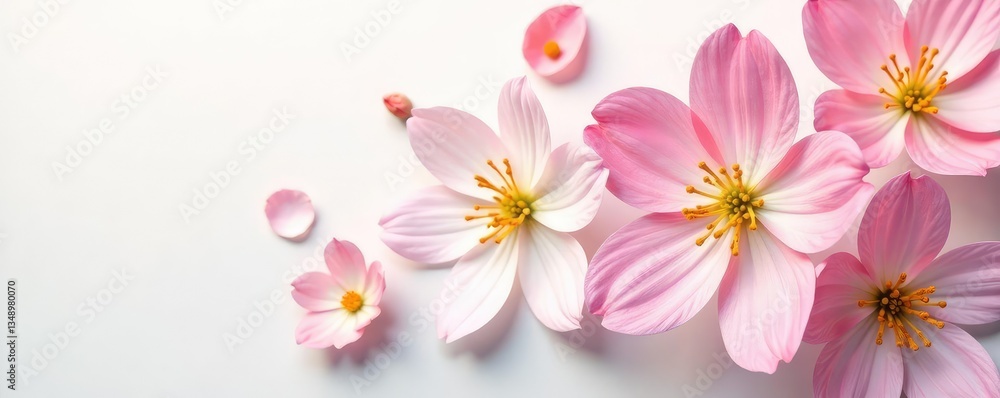 Delicate flower petals unfolding on a crisp white background, flower arrangement, white background, clean Delicate flower petals unfolding on a crisp white background, flower arrangement, white background, clean