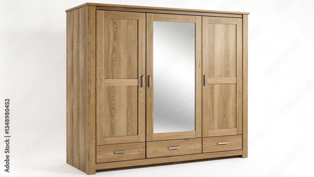 A spacious three-door wardrobe in a warm, light wood tone, with a central mirrored door for added convenience. The wardrobe includes two drawers at the base, providing ample storage space.
A spacious three-door wardrobe in a warm, light wood tone, with a central mirrored door for added convenience. The wardrobe includes two drawers at the base, providing ample storage space.