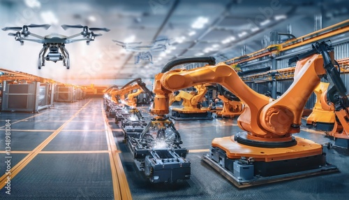 Robotic arms and drones work together in a factory, exhibiting advanced technology evolution.