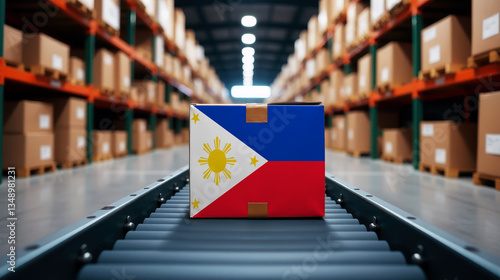 A package wrapped in the Philippines flag moves on a conveyor belt inside a warehouse. Symbolizing logistics, global trade, and the efficiency of supply chains.
