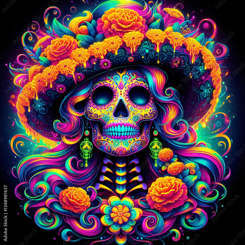 Trippy sugar skull Catrina with neon patterns, marigold-decorated wide-brimmed hat, and intricate floral motifs. Vibrant and detailed digital art. Trippy sugar skull Catrina with neon patterns, marigold-decorated wide-brimmed hat, and intricate floral motifs. Vibrant and detailed digital art.