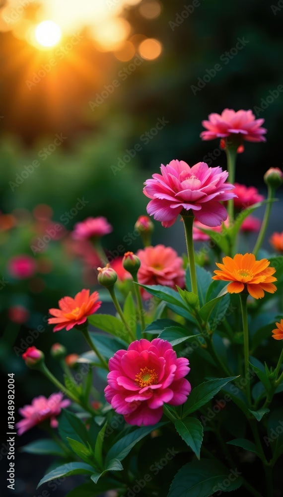 Colorful flowers in a garden at dusk with fading light, flowers, sunset, leaves Colorful flowers in a garden at dusk with fading light, flowers, sunset, leaves