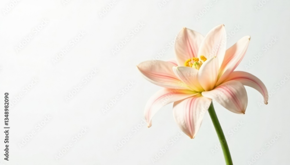 Delicate flower petals unfurl on white background, green, bloom, stem Delicate flower petals unfurl on white background, green, bloom, stem