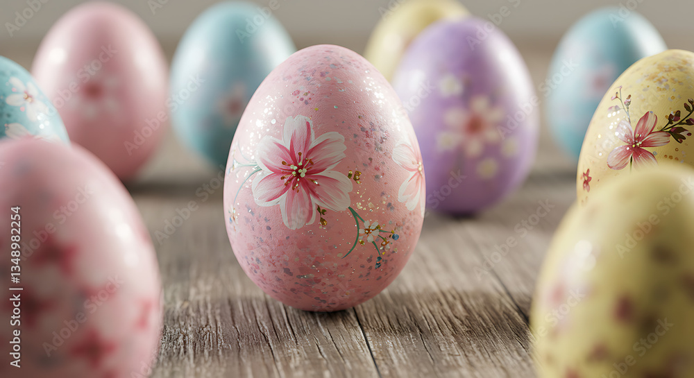 Close Up Pastel and colorful Easter Eggs on Wooden Table Close Up Pastel and colorful Easter Eggs on Wooden Table