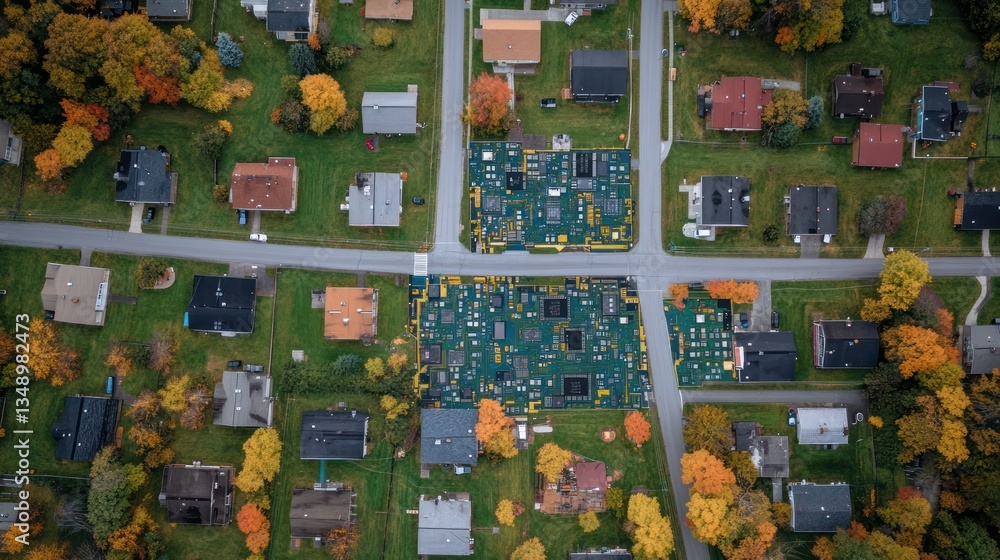 Aerial view Suburban playground, autumn leaves, residential neighborhood, community recreation Aerial view Suburban playground, autumn leaves, residential neighborhood, community recreation