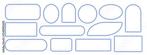 Set of blue different frame, shape with line scalloped edge vector illustration