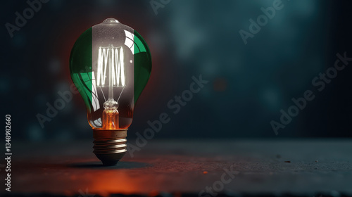 A patriotic concept: A light bulb with the Nigeria flag design glowing in the dark, symbolizing ingenuity, technology, and energy independence