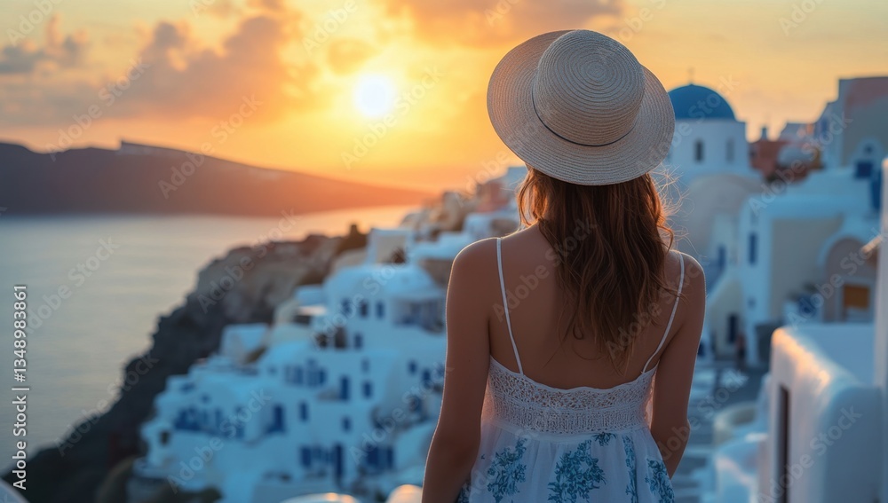 Fototapeta premium Wandering through Oia's enchanting streets at sunset, a young woman embraces the beauty of Santorini's whitewashed charm