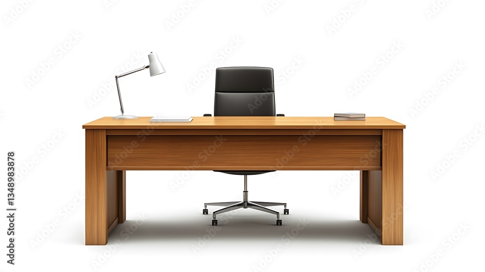 A traditional wooden executive desk is centered. A traditional wooden executive desk is centered.