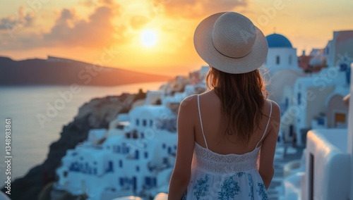 Fototapeta Naklejka Na Ścianę i Meble -  Wandering through Oia's enchanting streets at sunset, a young woman embraces the beauty of Santorini's whitewashed charm