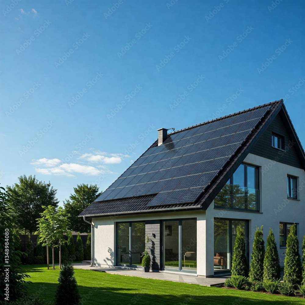 Solar panels on the roof of sleek modern house Solar panels on the roof of sleek modern house