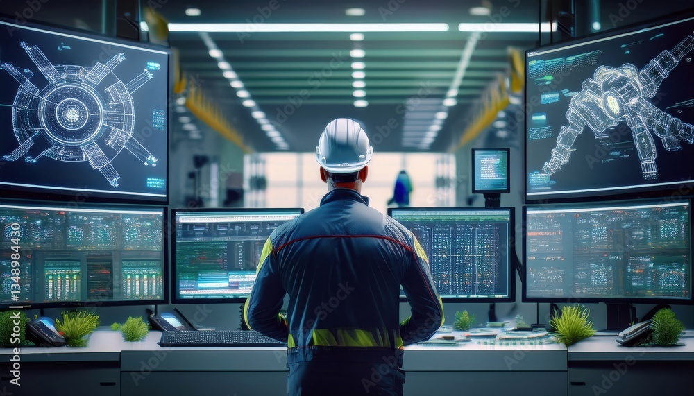 A professional analyzes complex data on multiple screens amid advanced robotic technology. A professional analyzes complex data on multiple screens amid advanced robotic technology.