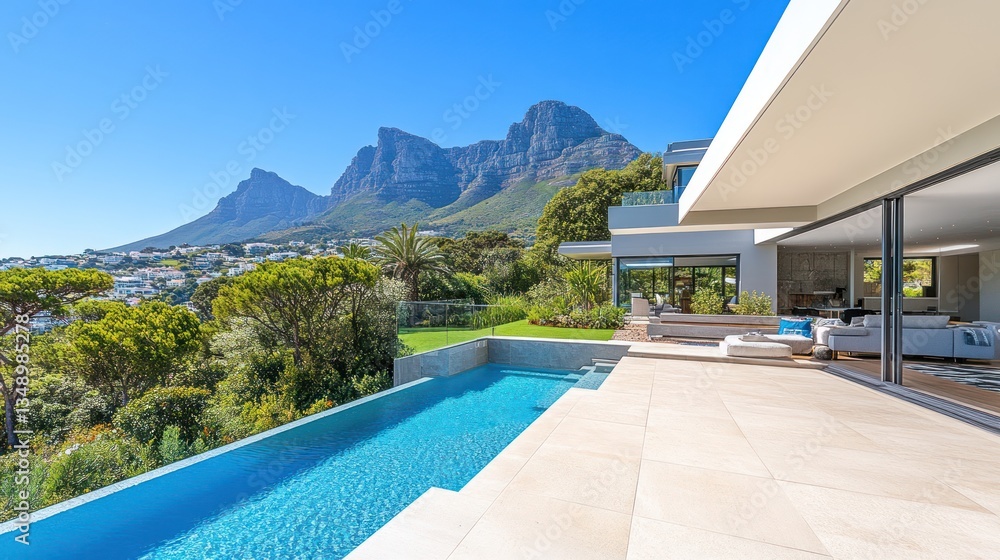 Obraz premium Luxury villa pool, mountain view, Cape Town, infinity pool, real estate