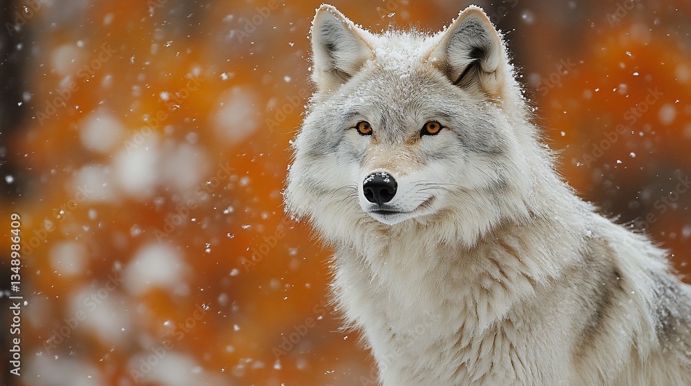 Obraz premium Arctic wolf, snowy autumn forest, alert gaze, wildlife photography