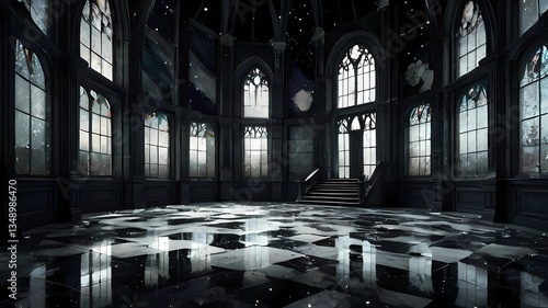 ゲーム背景　白黒格子模様の床があるホラー風神殿内部