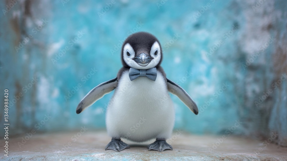 Fototapeta premium Adorable Baby Penguin with Bow Tie Posing Against Aqua Background