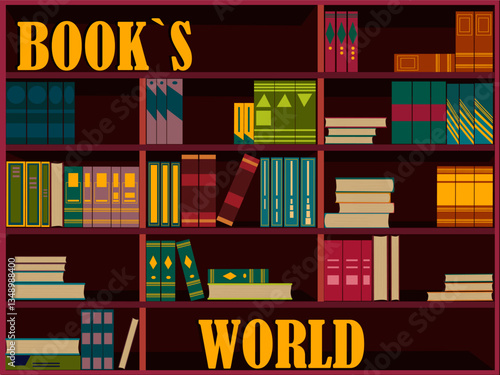 bookshelf with books. Library shelf filled with old books. Set of books. Bright illustration book world. Large bookcase filled with books