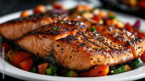 Perfectly cooked salmon fillets served with colorful vegetable medley