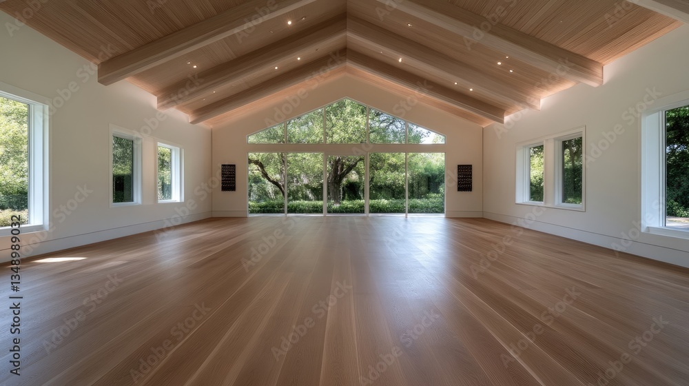 Obraz premium Spacious modern interior with wooden beams and large windows