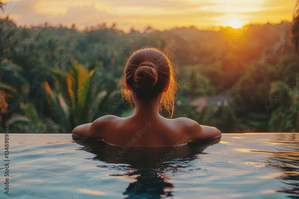 Fototapeta premium Relaxation amidst tropical beauty while enjoying a sunset view from a luxurious pool in Bali