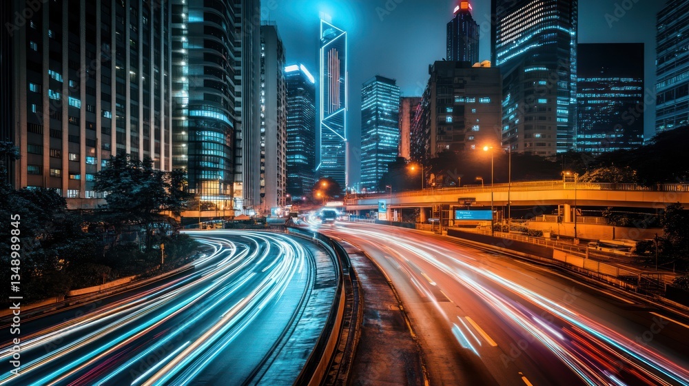 Obraz premium Night city highway traffic light trails, skyscrapers background, urban transport