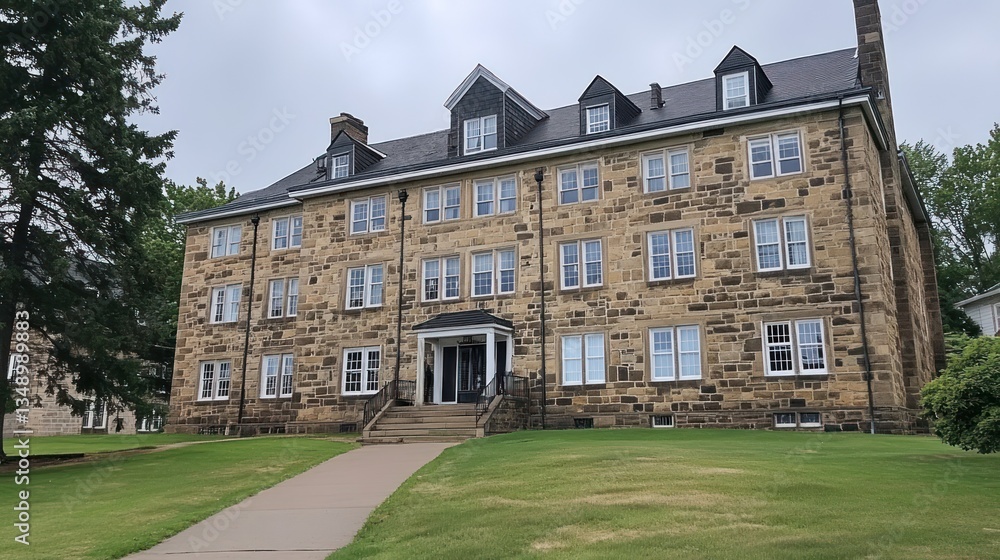 Stone dorm, campus, trees, overcast, summer, education, pathway, building Stone dorm, campus, trees, overcast, summer, education, pathway, building