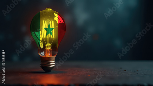 A patriotic concept: A light bulb with the Senegal flag design glowing in the dark, symbolizing ingenuity, technology, and energy independence