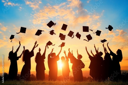 Students throw their graduation hats in the air to celebrate graduation, confetti flying in the air