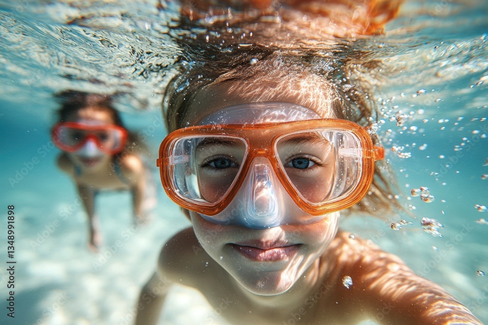Fototapeta premium Underwater adventure of siblings enjoying a summer holiday at a tropical coral reef