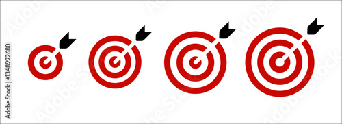 Red target set with arrows, symbolizing progress, precision, achievement. Icon for business and marketing infographic, leadership logo, personal development symbol, goal setting. Vector illustration