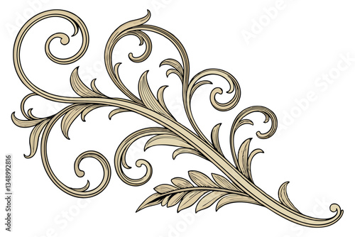 33 Golden ornate floral baroque scroll, intricate gilded filigree, rococo design, metallic gold finish, symmetrical curving patterns, elaborate decorative element, luxury jewelry detail, 3D rendering,